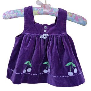 Vintage Purple Velour Baby jumper Dress With Cherry Embroidery 18 Months